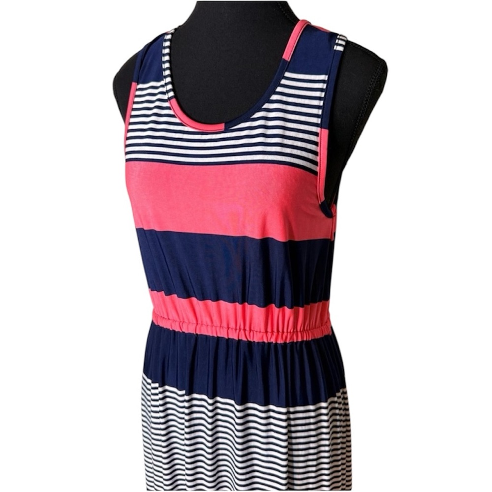CHARLIE PAIGE Sleeveless Maxi Dress Horizontal Striped Blue Pink White Sz Small